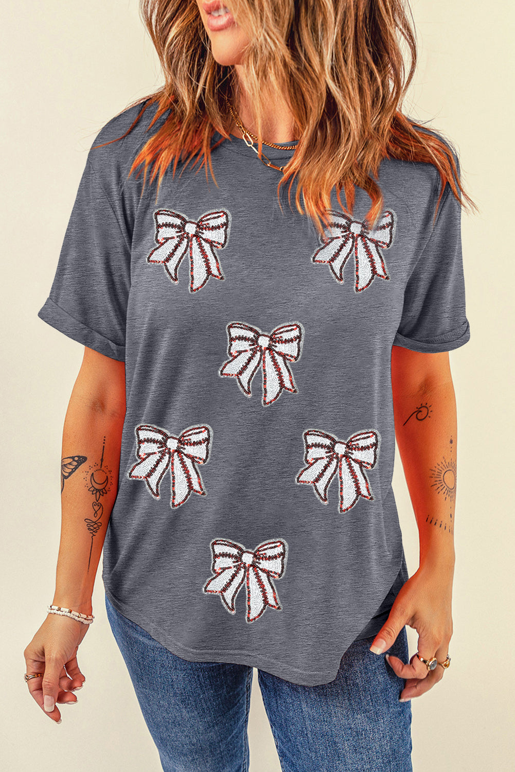 Gray Game Day Sequin Bow Fashion Graphic Tee