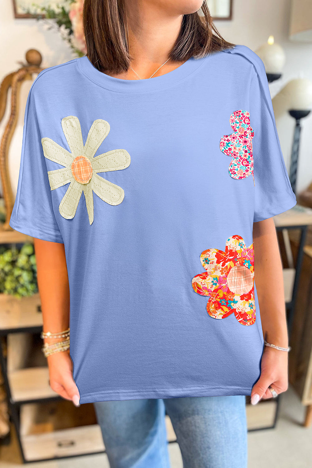 Sky Blue Flower Patched Exposed Stitching Trim Loose Tee