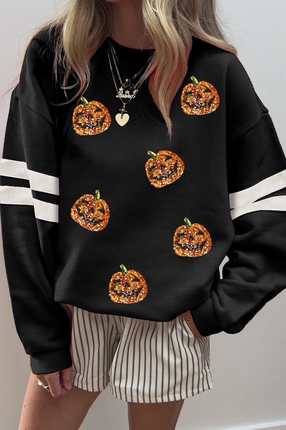 Black Halloween Pumpkin Sequin Patched Oversize Varsity Sweatshirt