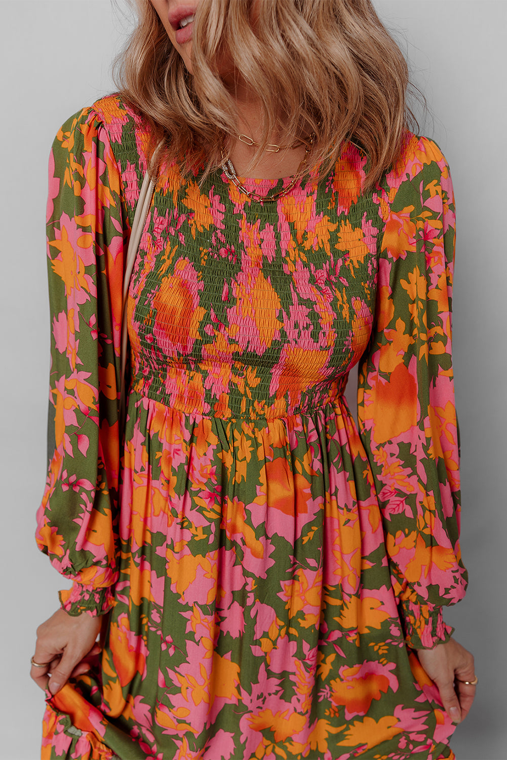 Orange Floral Puff Sleeve Smocked Bodice Frill Tiered Dress