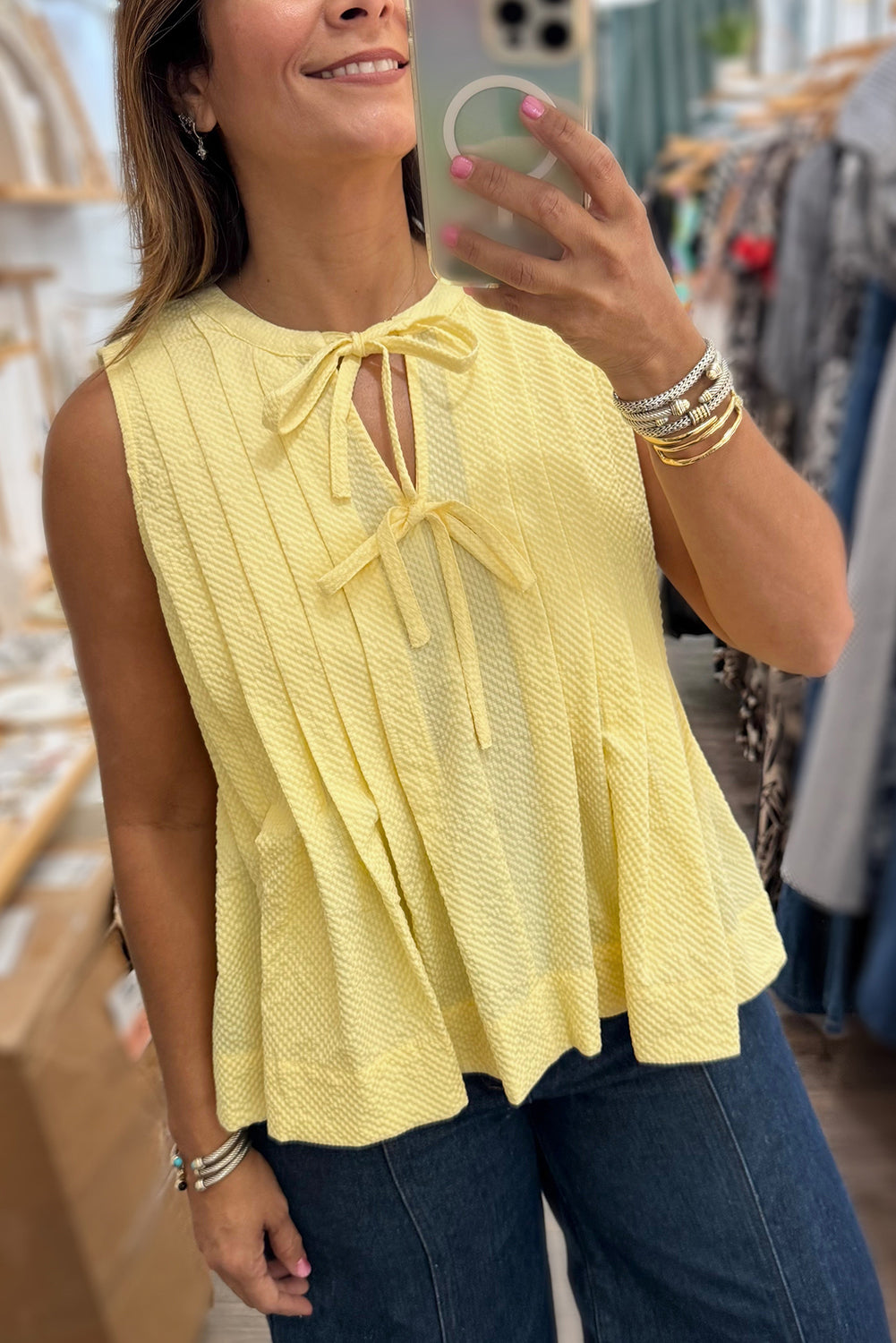 Yellow Cream Bow Tie Notched Neck Pleated Sleeveless Top