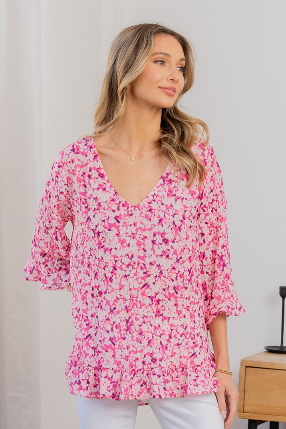 Sew In Love Full Size Floral V-Neck Flounce Sleeve Top-0
