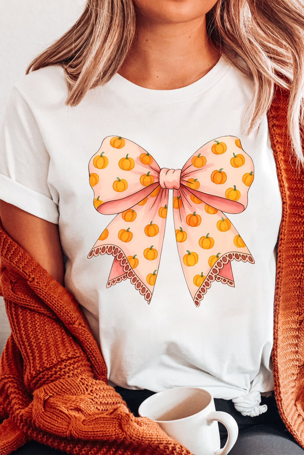 White Pumpkin Bow Print Thanksgiving T Shirt