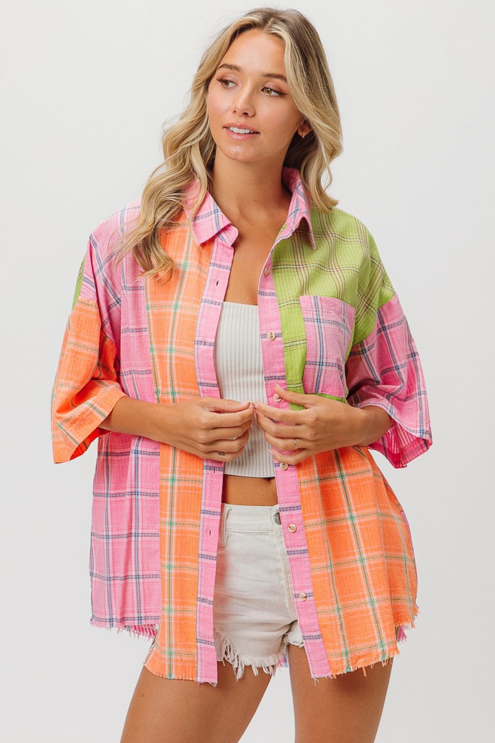 BiBi Plaid Collared Neck Half Sleeve Shirt-3