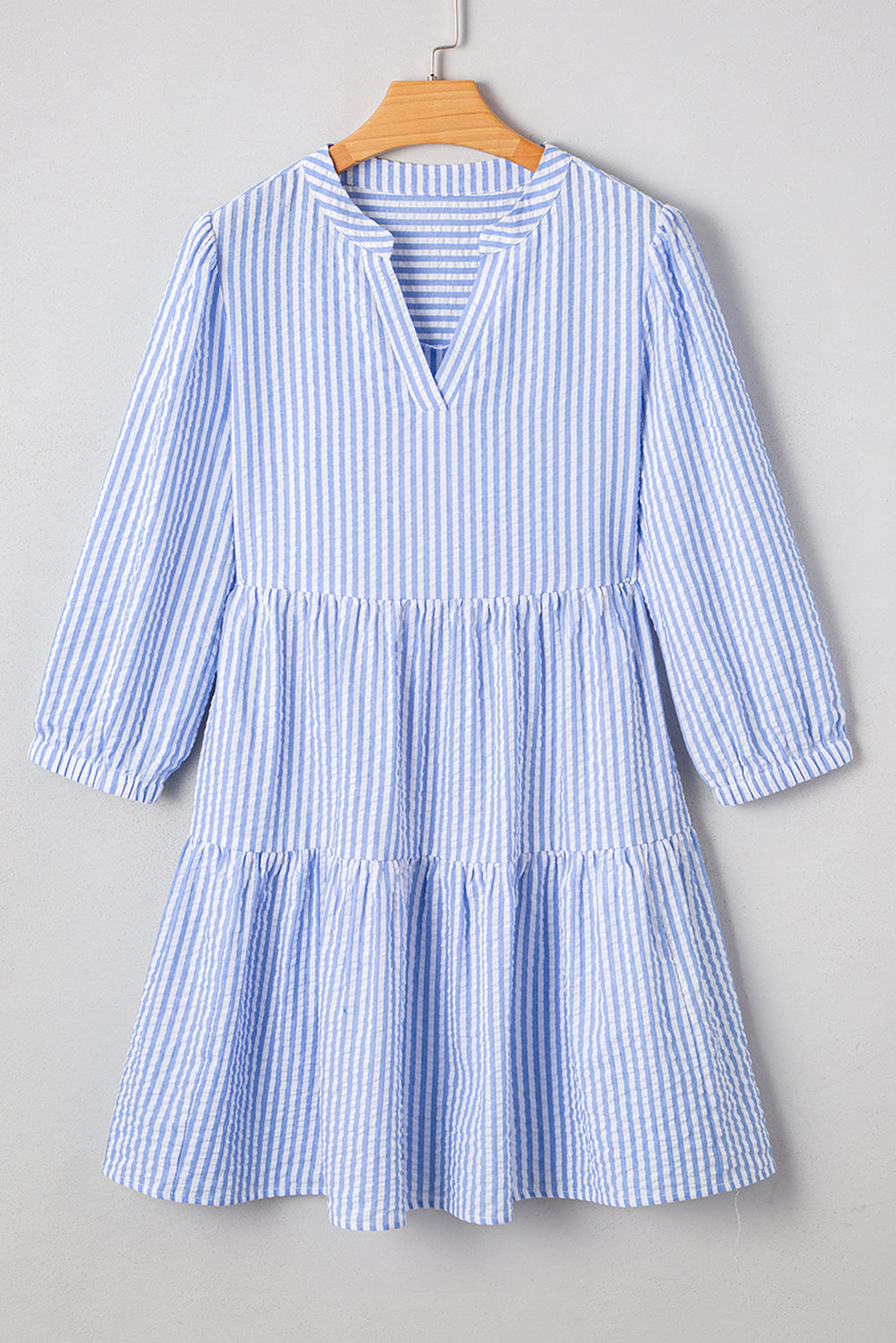 Sky Blue Stripe Bracelet Sleeve Tiered Shift Dress with Pockets