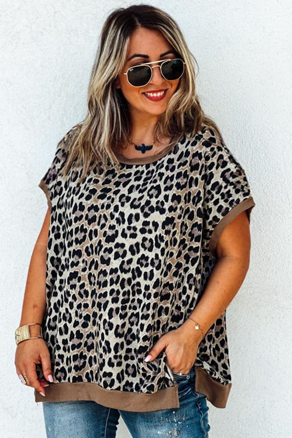 Khaki Leopard Contrast Trim Short Sleeve Loose Plus Size Top