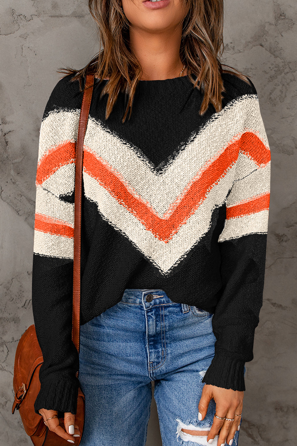 Haisley Chevron Striped Drop Shoulder Sweater-3