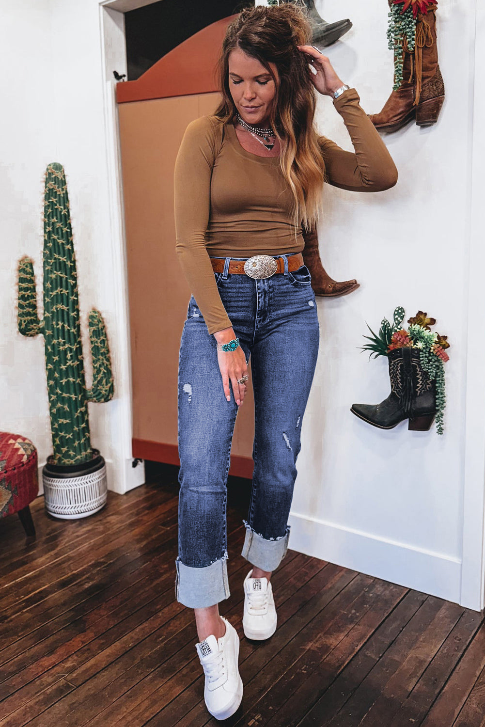 Real Teal Folded Cuffs Distressed High Waist Jeans