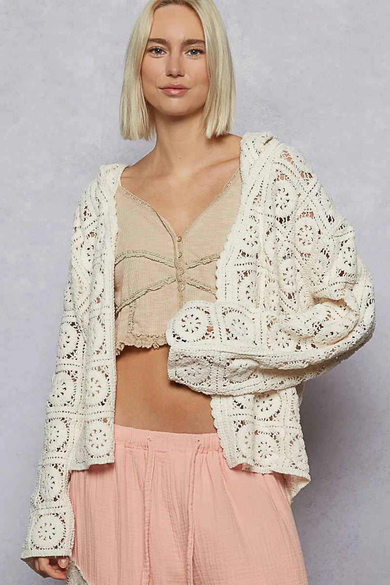 Lace Crochet Open Front Hooded Cardigan
