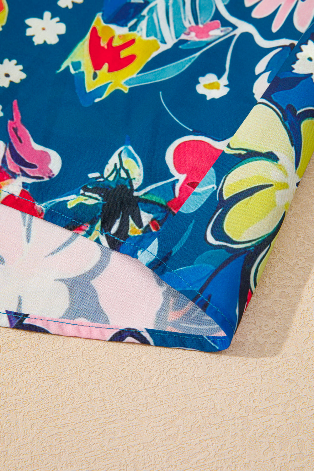 Blue Flower Print Notch V Neck Puff Sleeve Babydoll Blouse