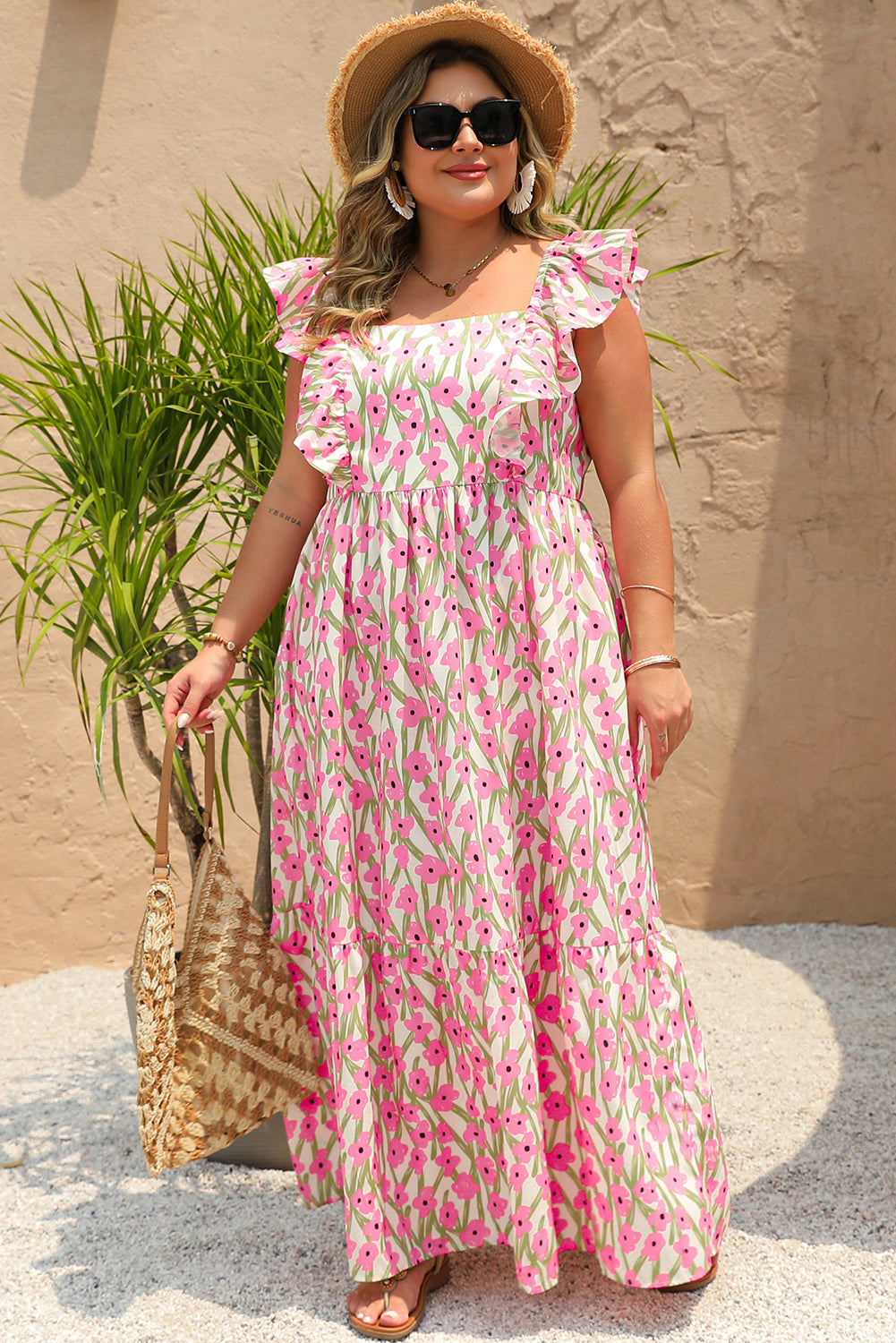 Pink Plus Size Ruffle High Waist Floral Maxi Dress