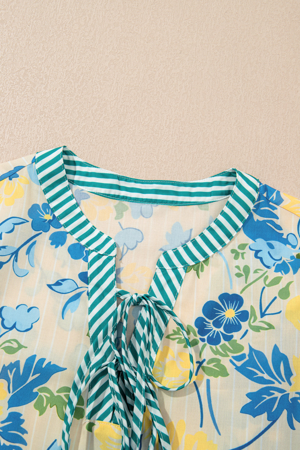 Blue Floral Print Striped Trim Puff Sleeve Mini Dress