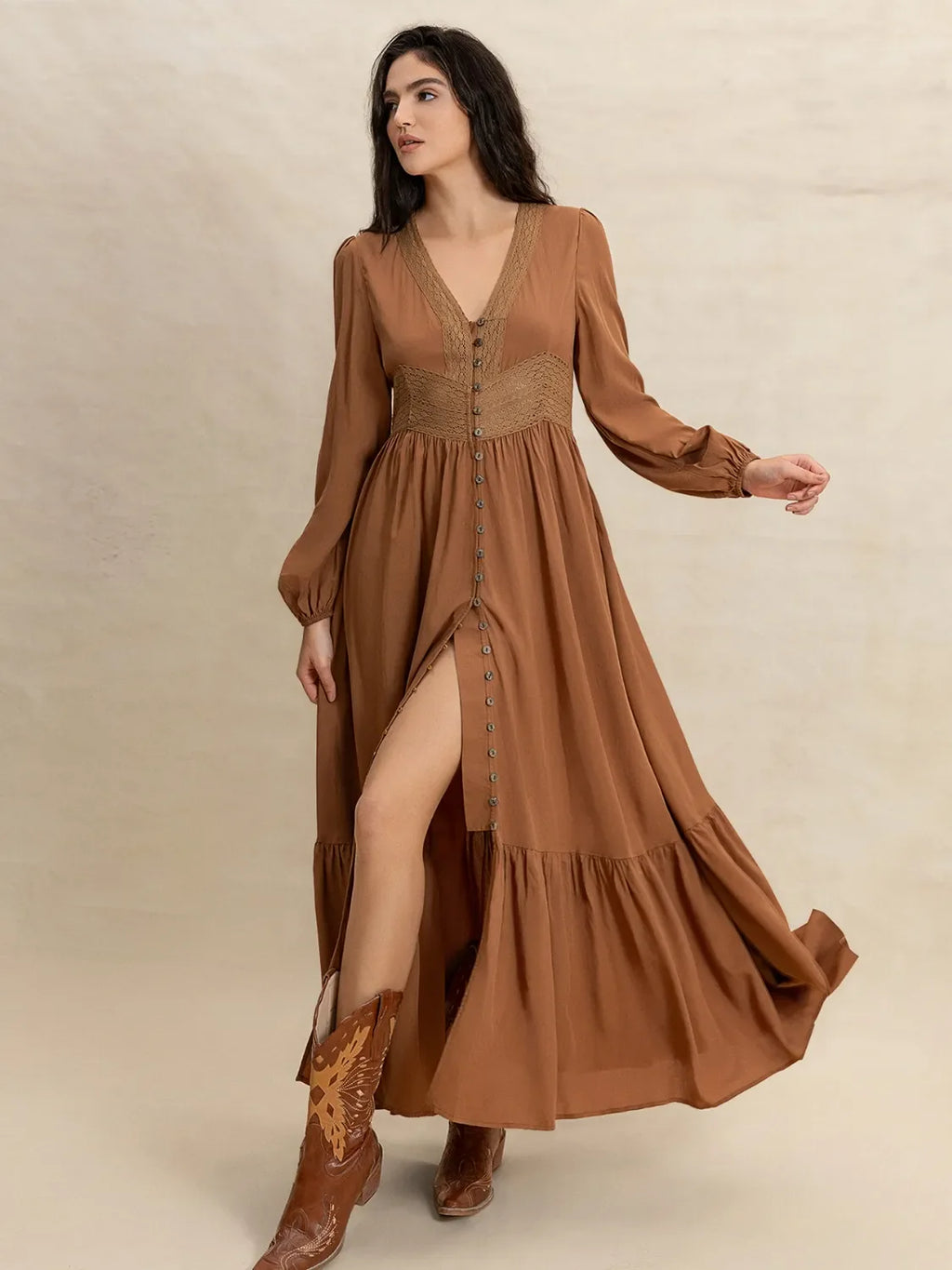Ruffled Hem V-Neck Balloon Sleeve Maxi Dress