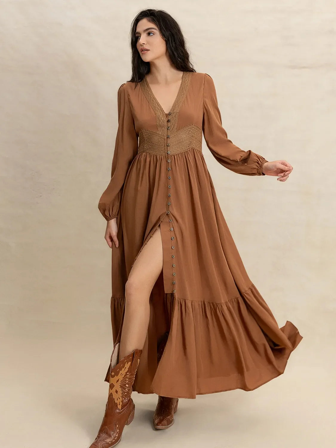 Ruffled Hem V-Neck Balloon Sleeve Maxi Dress