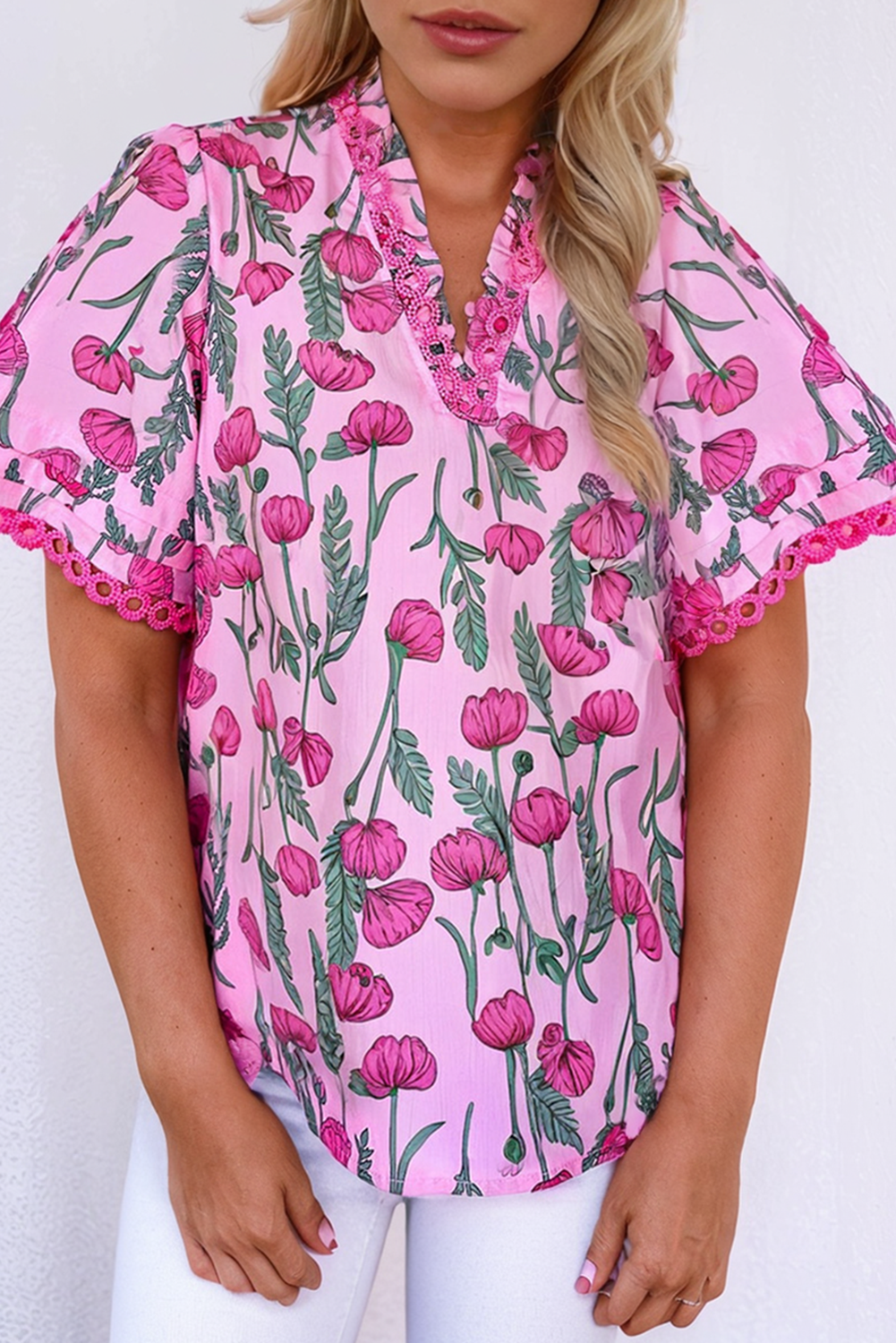 Pink Floral Print Lace Detail Frill V Neck Blouse