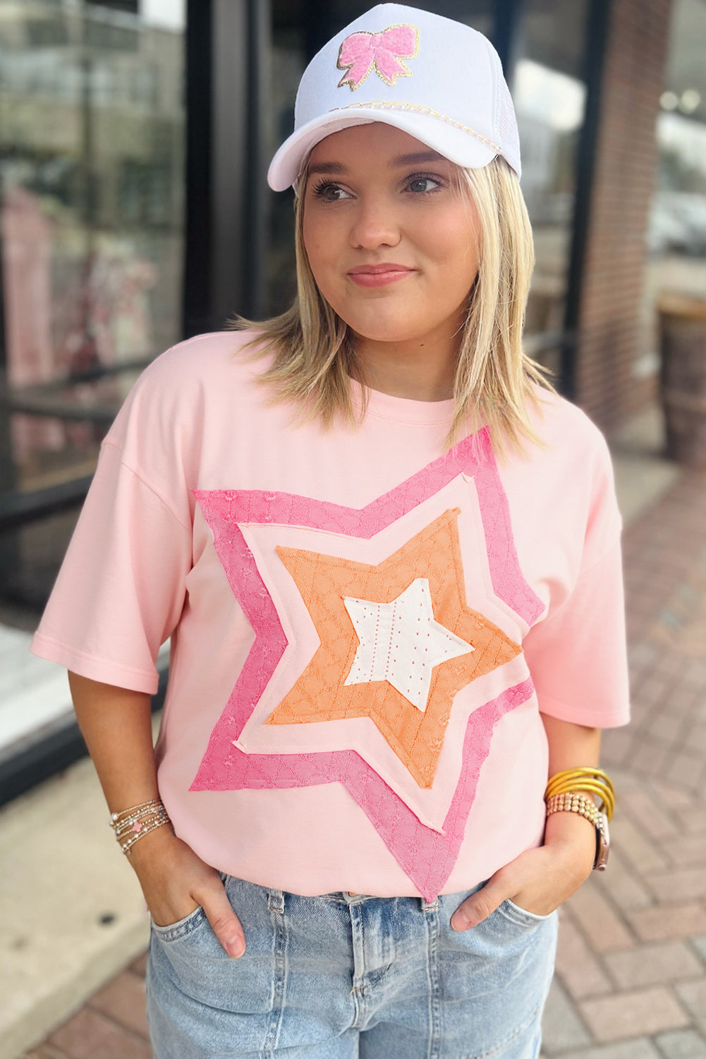 Light Pink Eyelet Colorblock Star Applique Plus Size T Shirt