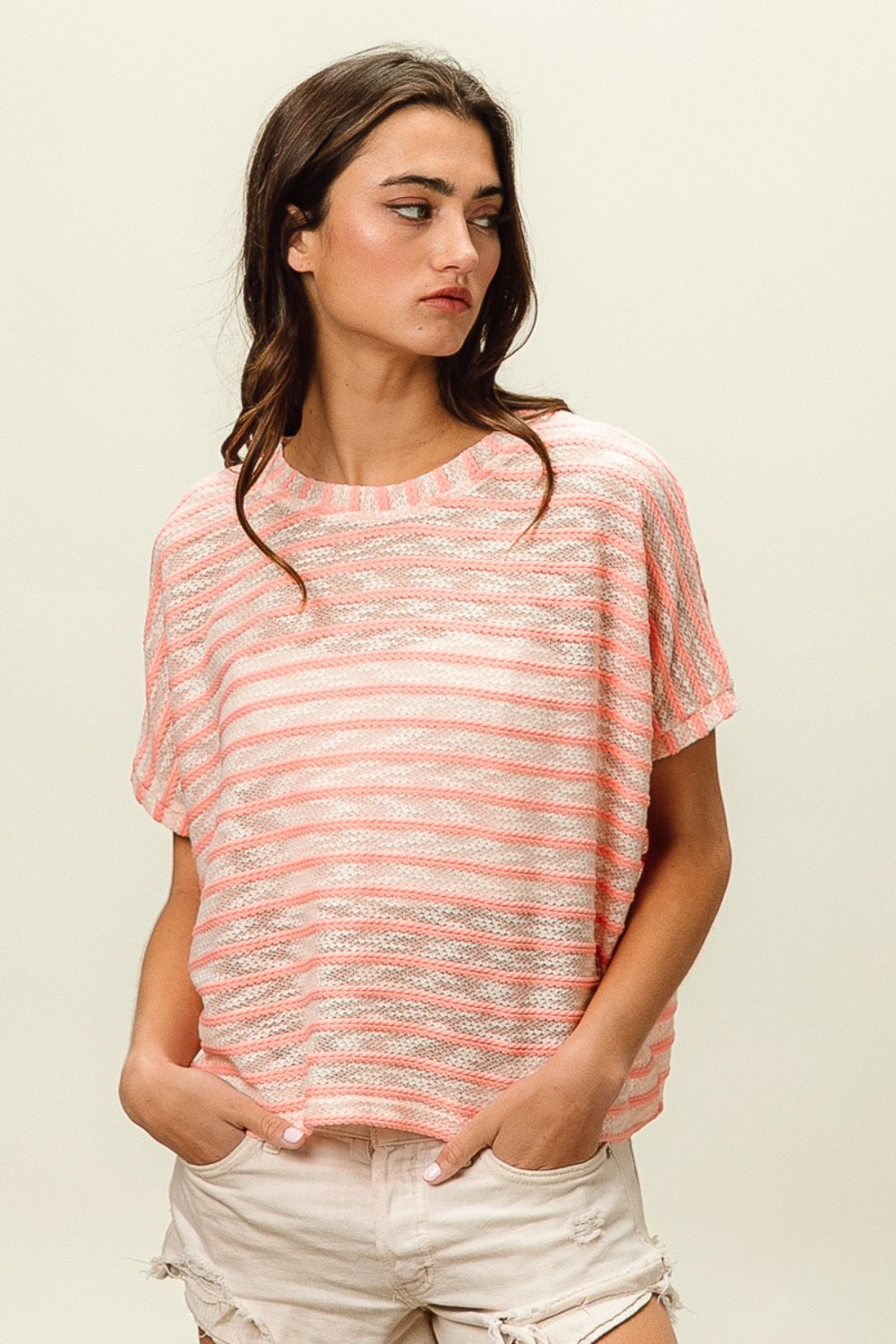 BiBi Braid Striped Short Sleeve Round Neck T-Shirt-3