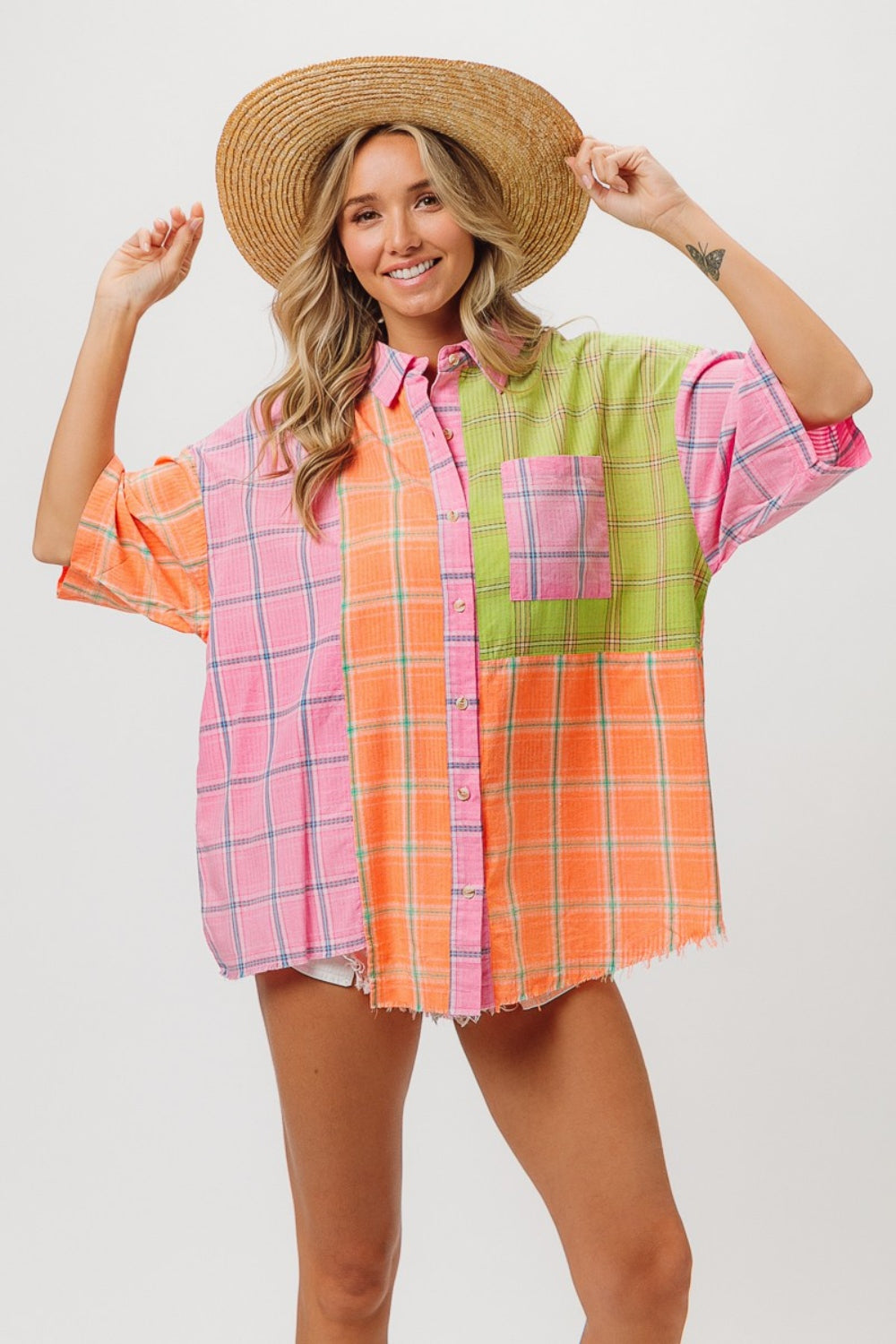 BiBi Plaid Collared Neck Half Sleeve Shirt-0