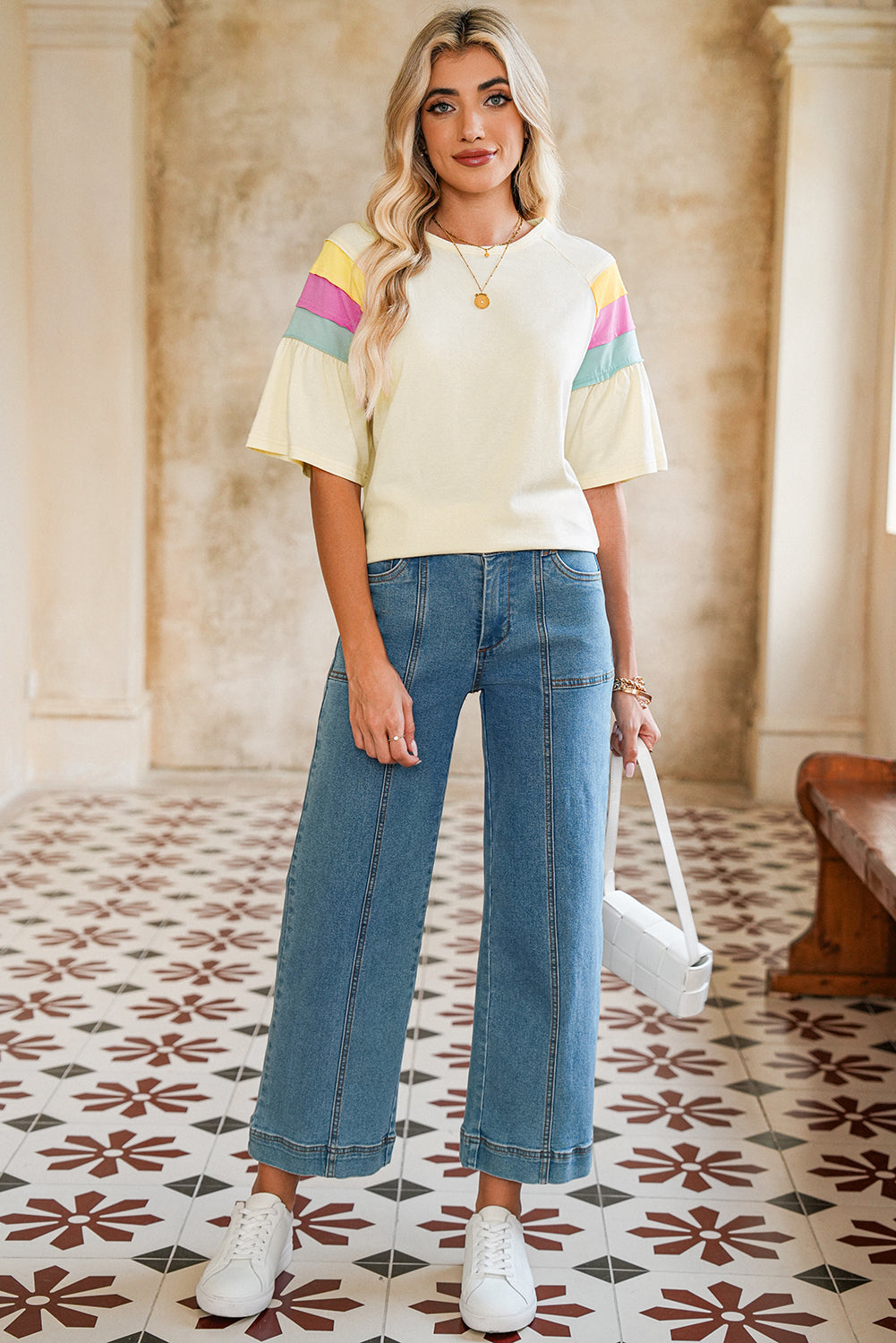 White Colorblock Short Sleeve Round Neck T-Shirt