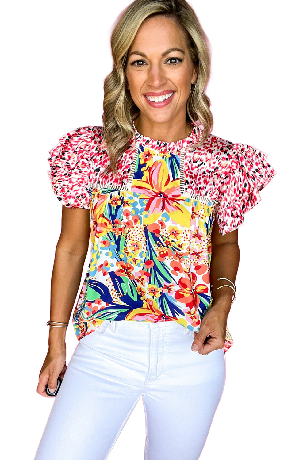 Red Floral Mixed Print Ruffle Cap Sleeve Blouse
