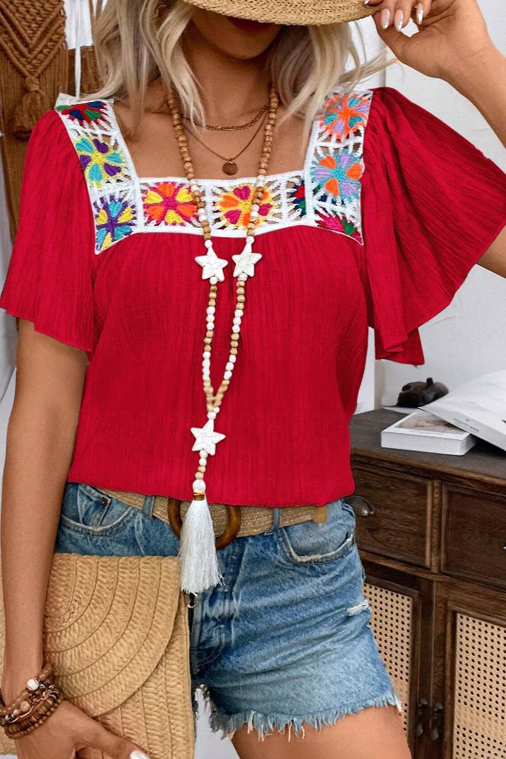 Racing Red Crochet Flower Square Neck Ruffle Sleeve Blouse