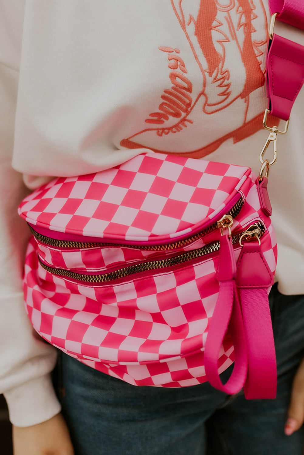 Bright Pink Checkered Print Wide Strap Large Crossbody Bag