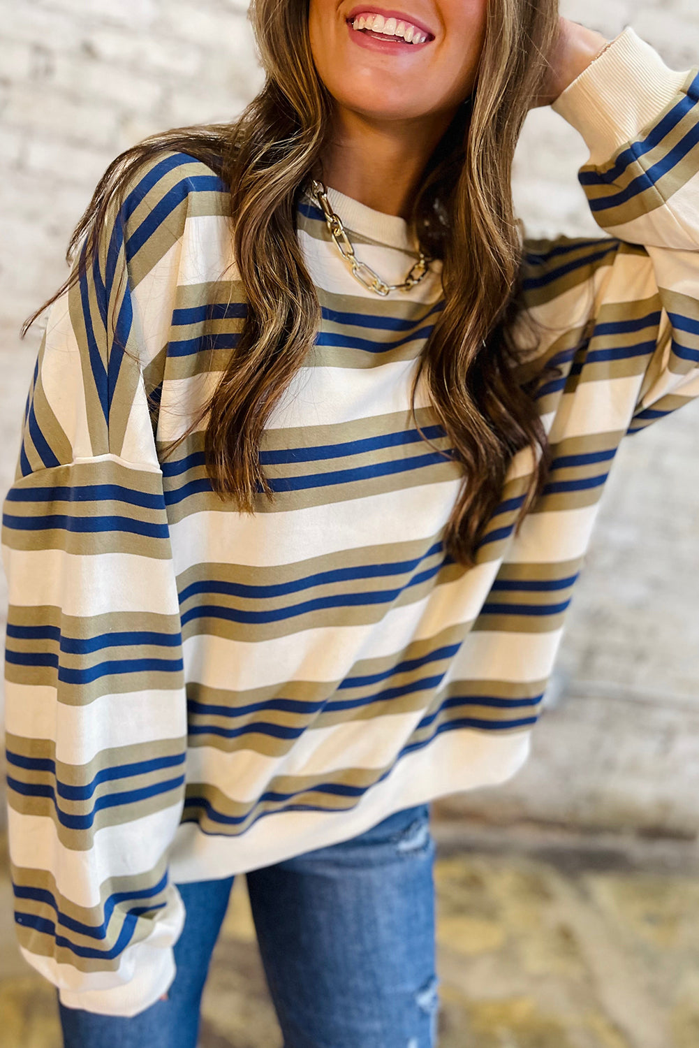 Khaki Striped Crew Neck Drop Shoulder Pullover Sweatshirt
