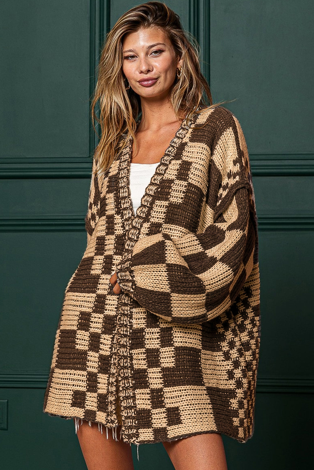 Dark Brown Colorblock Checked Loose Fit Open Front Knitted Cardigan