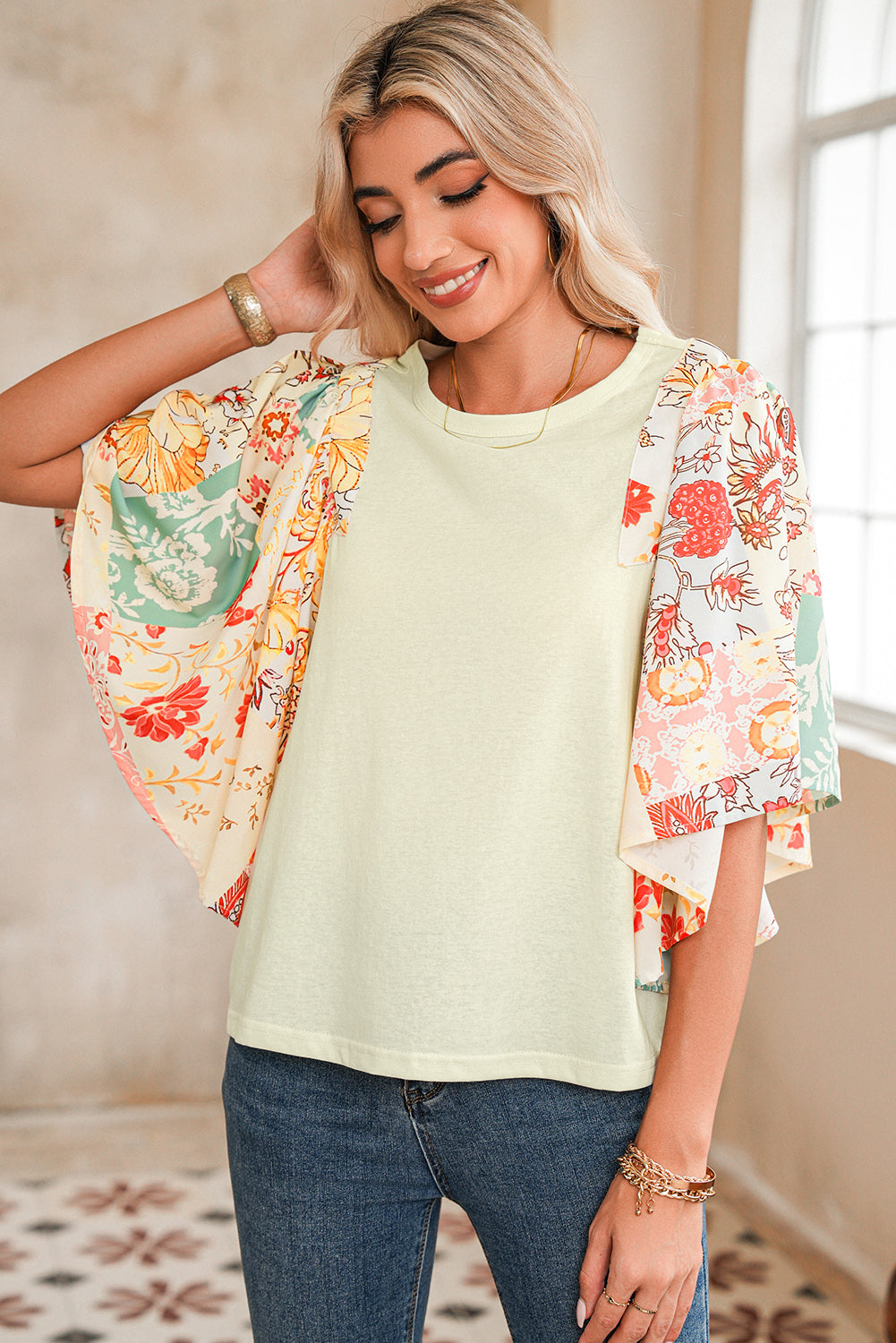Beige Floral Patchwork Batwing Sleeve Blouse