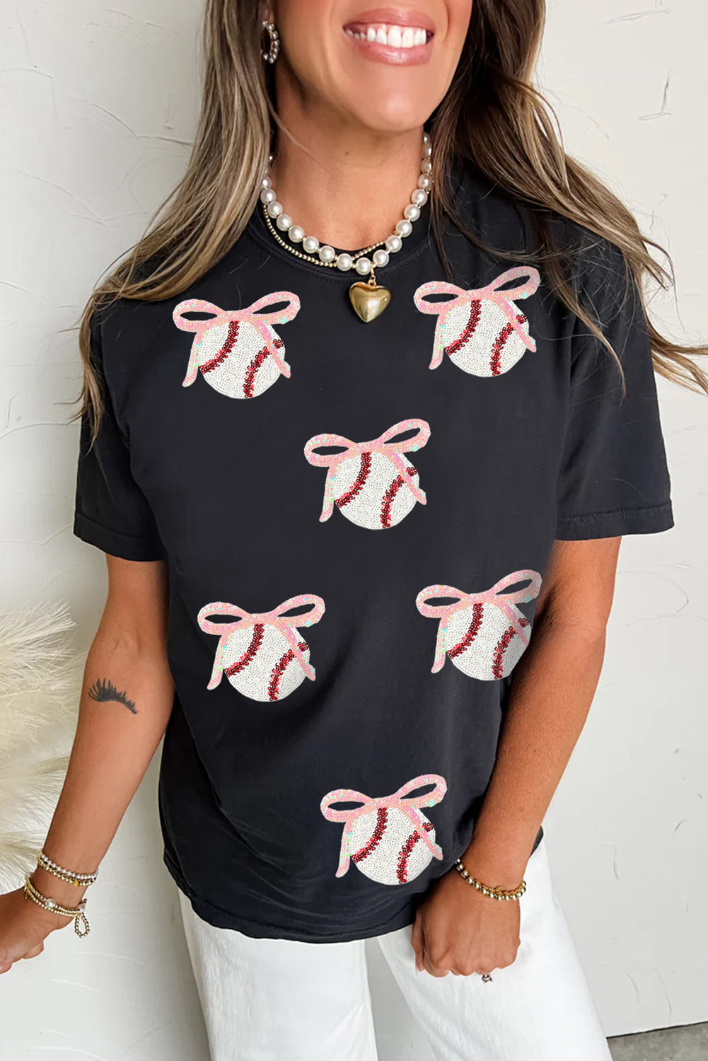 Black Shimmering Sequin Bow Ball Patterned Game Day Casual Tee