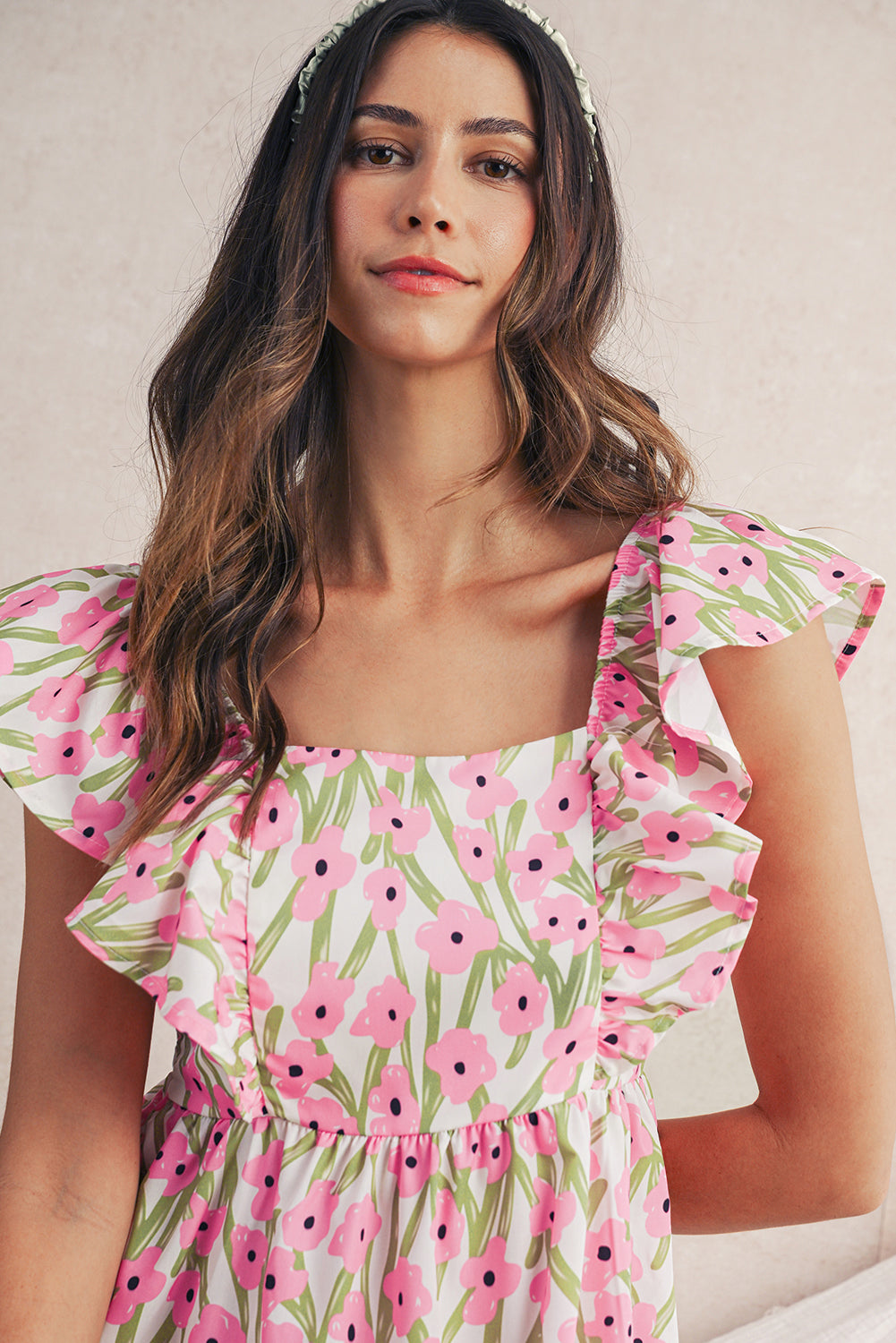 Pink Floral Print Square Neck Ruffled Strap Maxi Dress