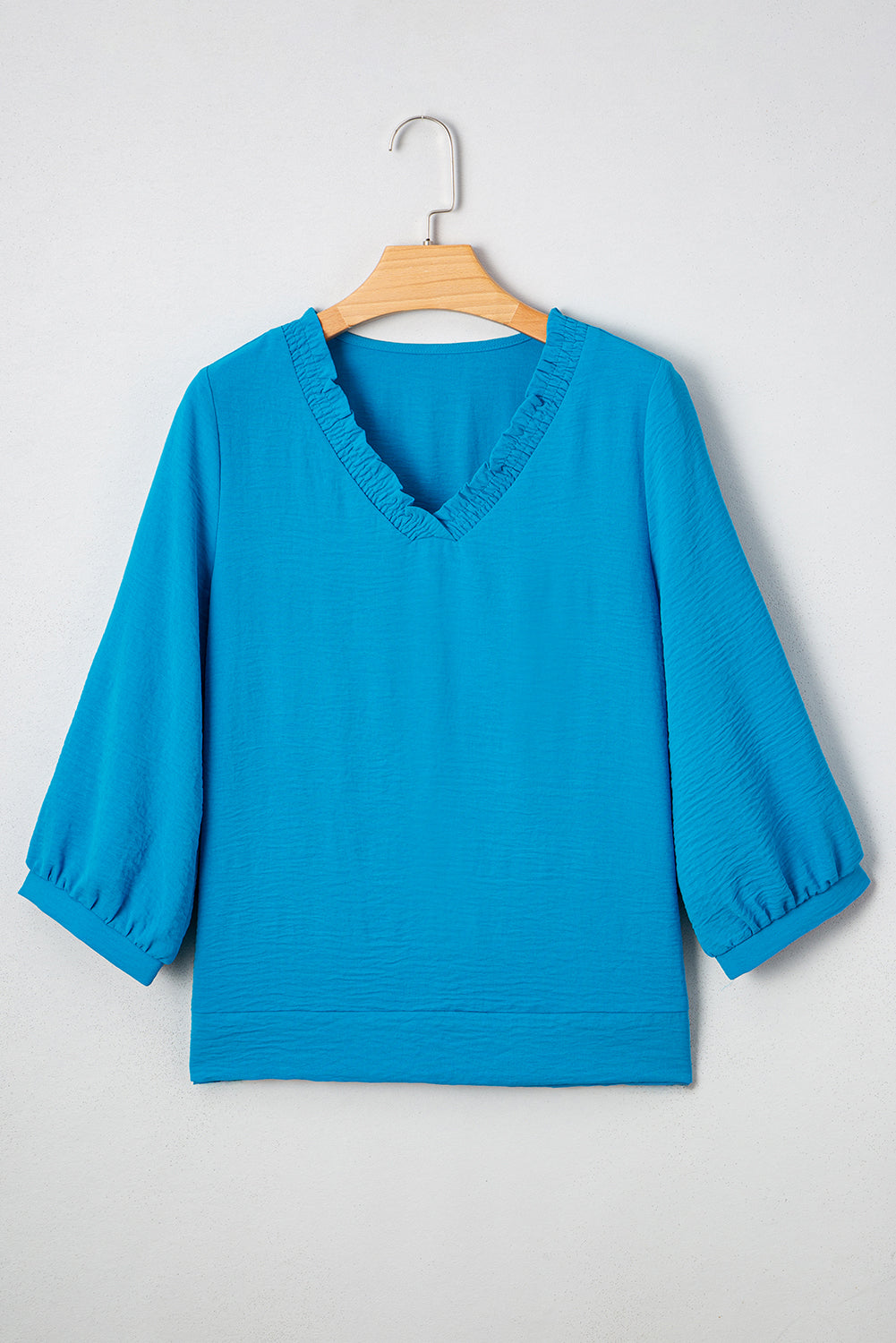 Sky Blue Frill V Neckline Puff Sleeve Crinkled Blouse