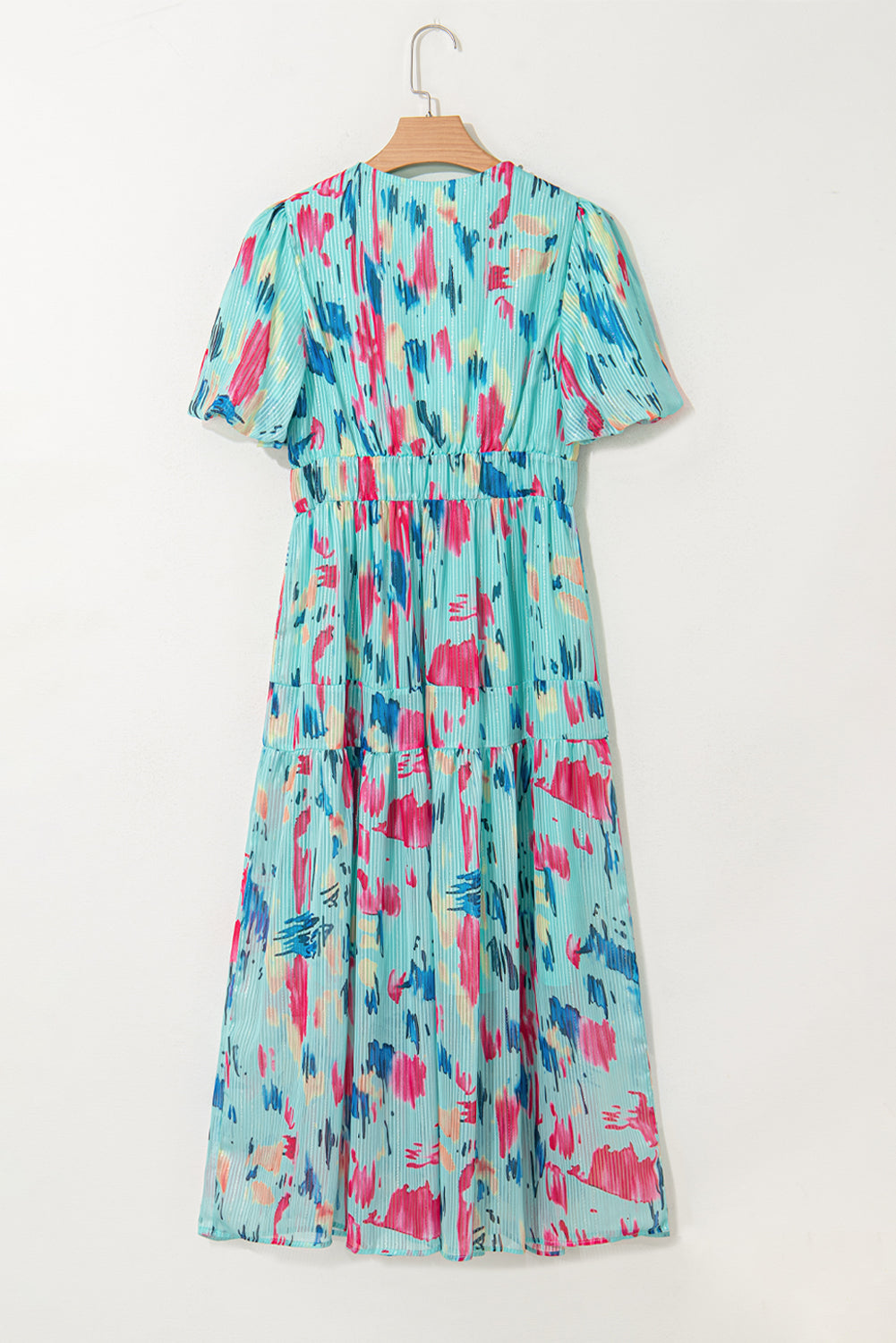 Sky Blue Abstract Print Short Puff Sleeve Tiered Maxi Dress