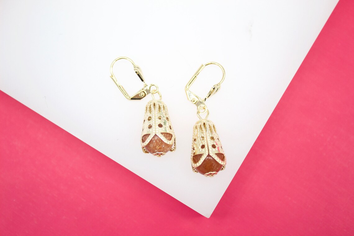 18K Gold Filled Designed Brown Aventurine Stone Earrings (L161)-0