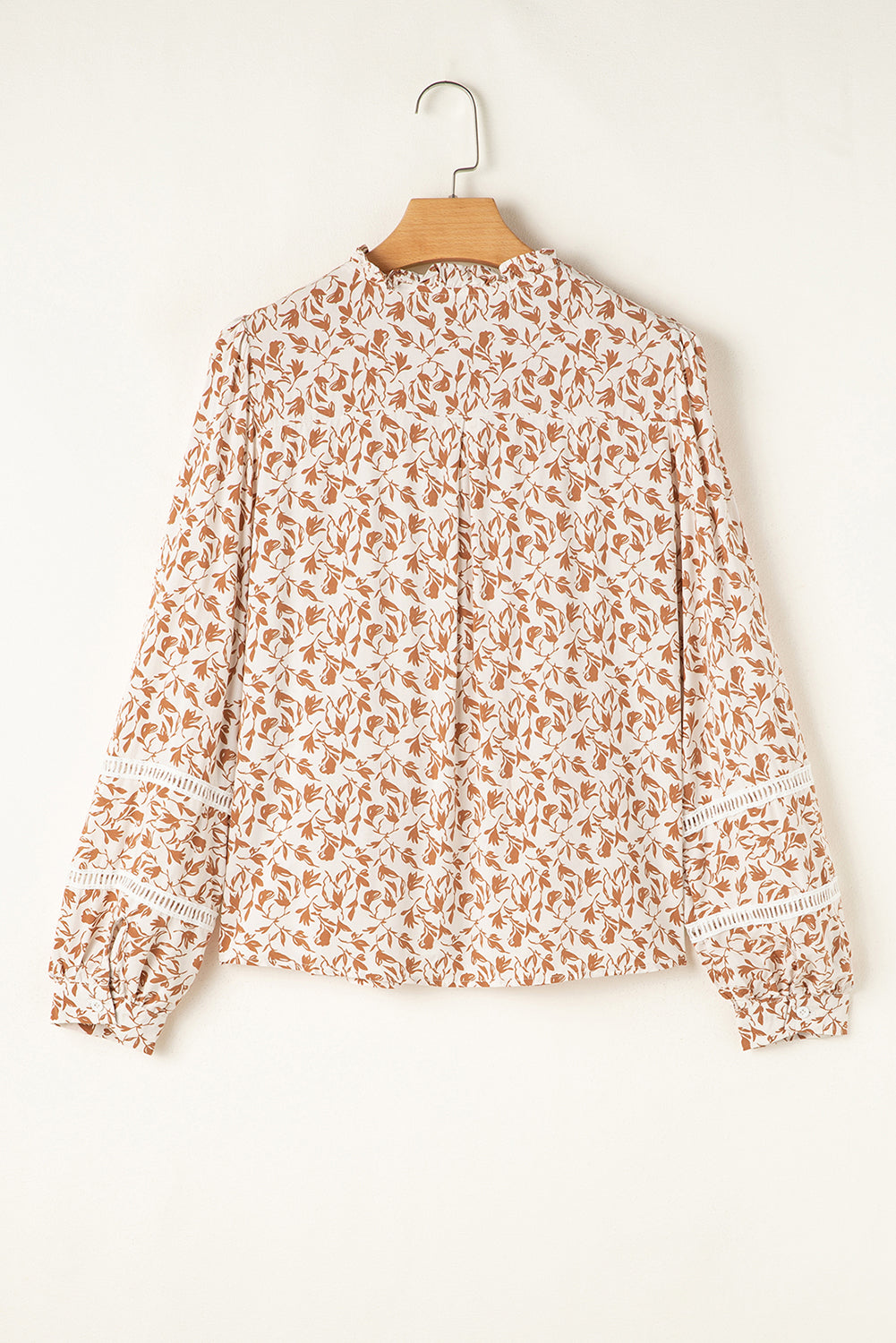 Khaki Printed Floral Print Lace Detail Puff Sleeve Shirt