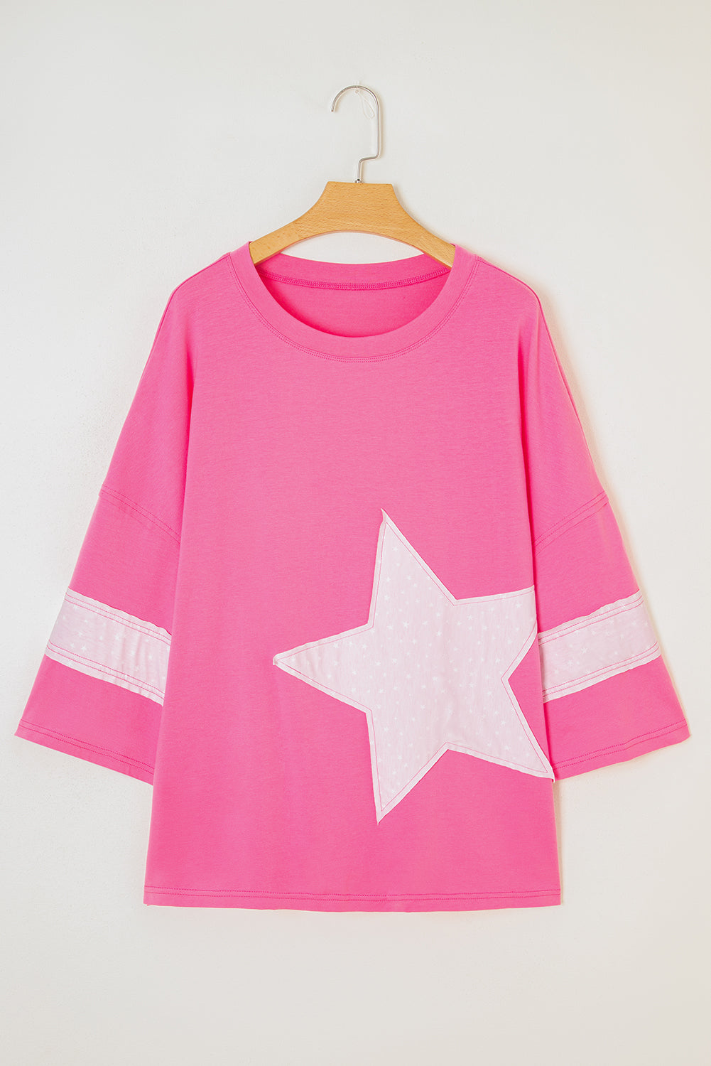 Pink Raw Edge Frayed Star Patched Plus Size Top