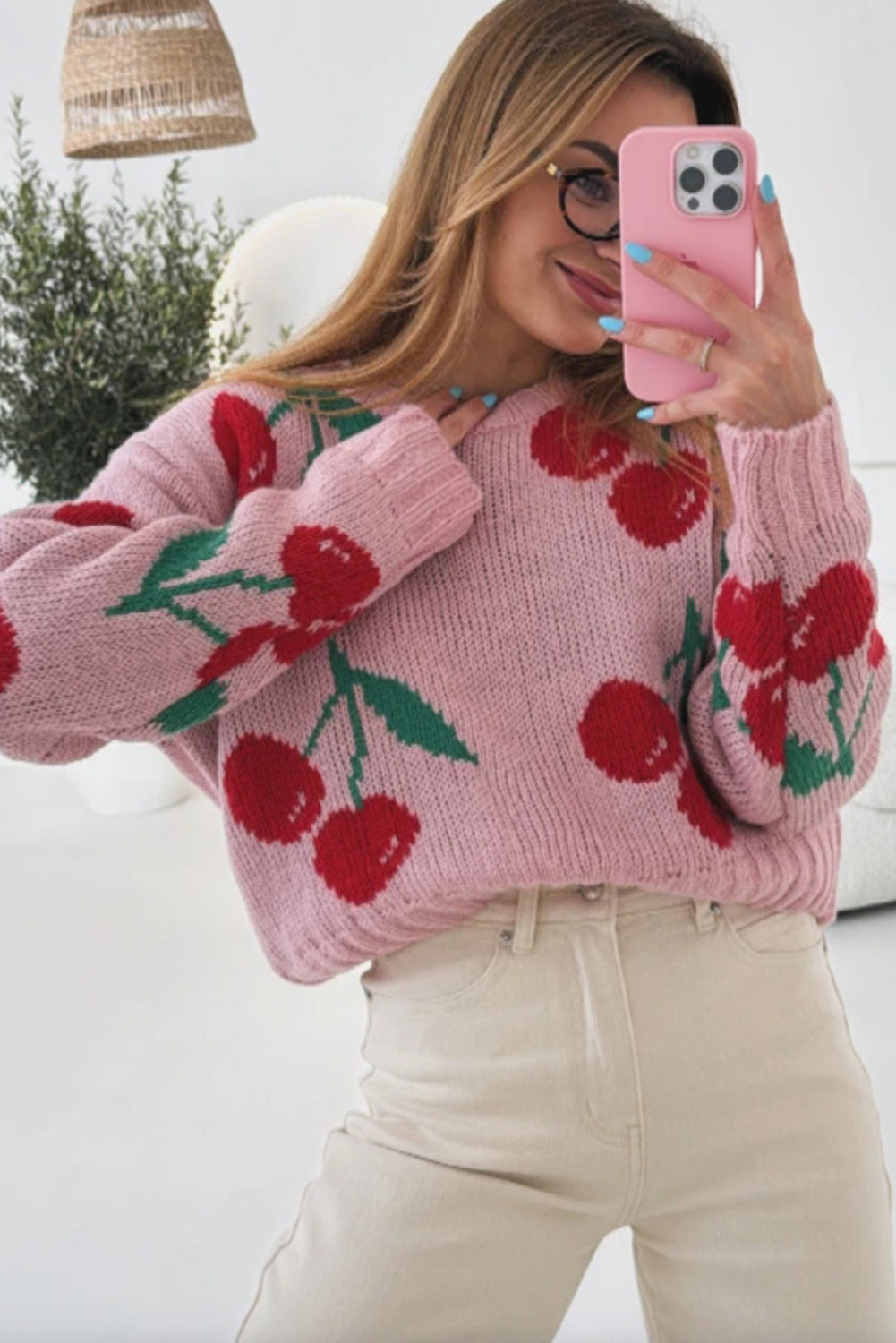 Pink Cherry Print Round Neck Knit Sweater