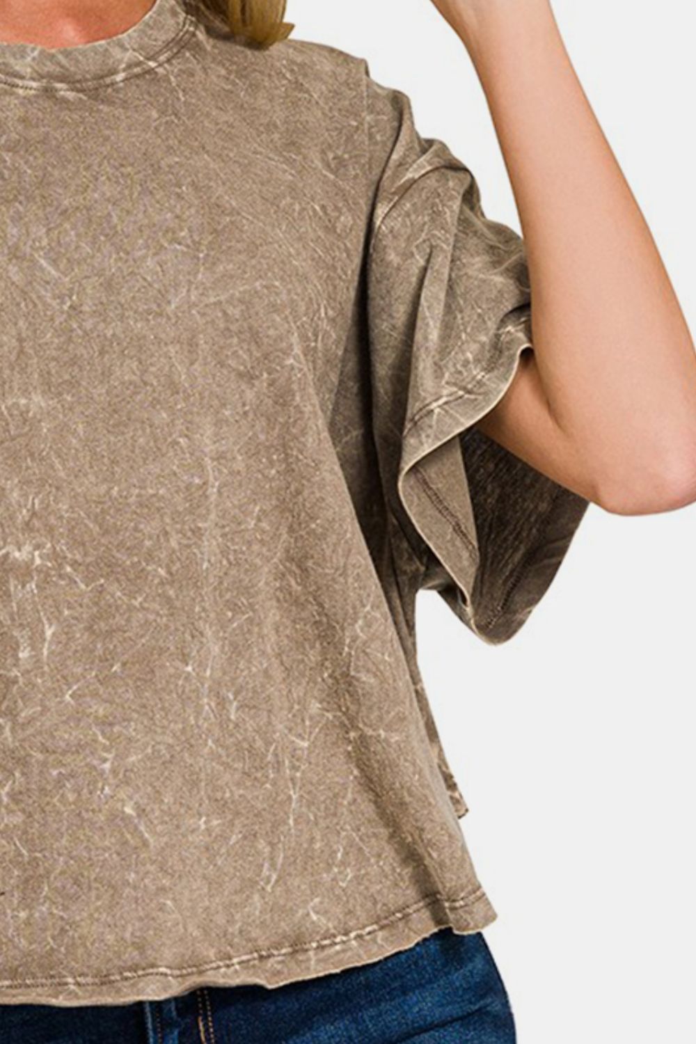 Zenana Washed Round Neck Drop Shoulder Cropped T-Shirt-2