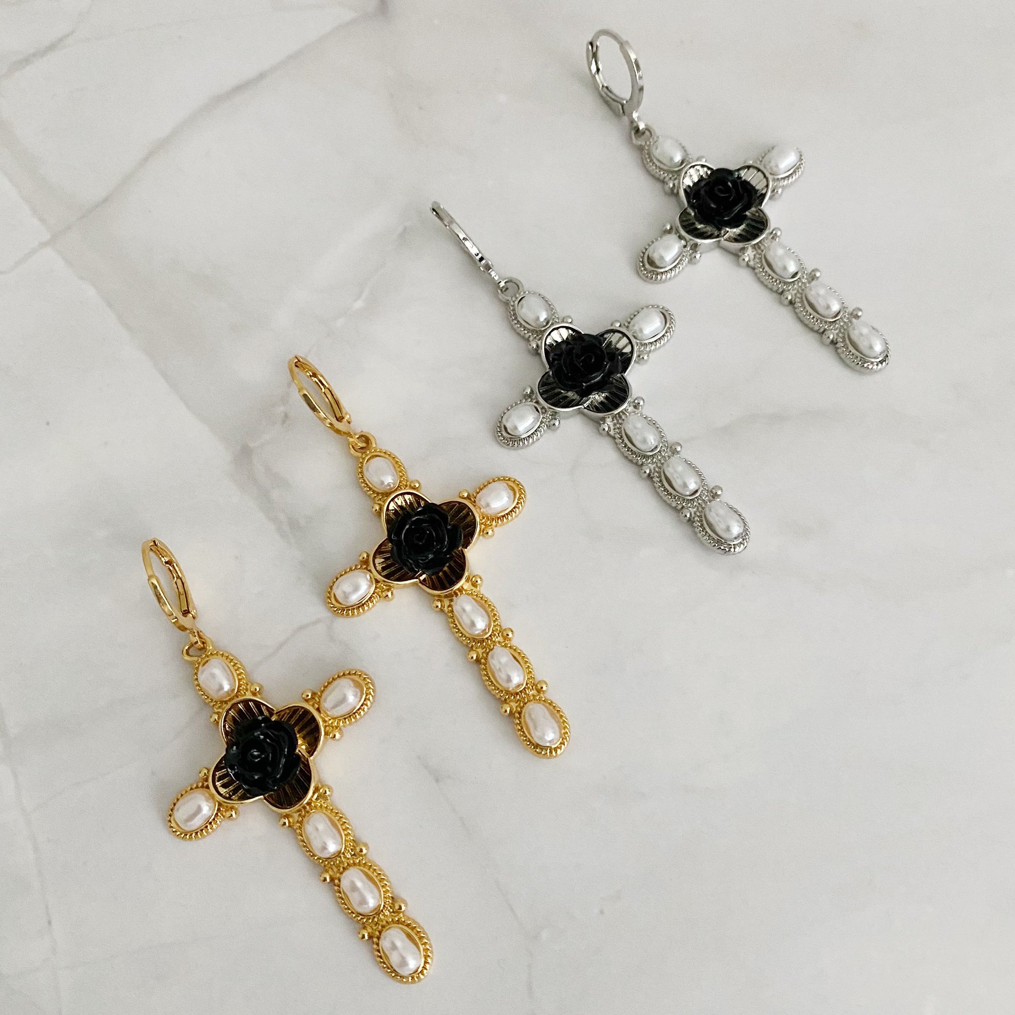 Black Rose Cross Earrings-0