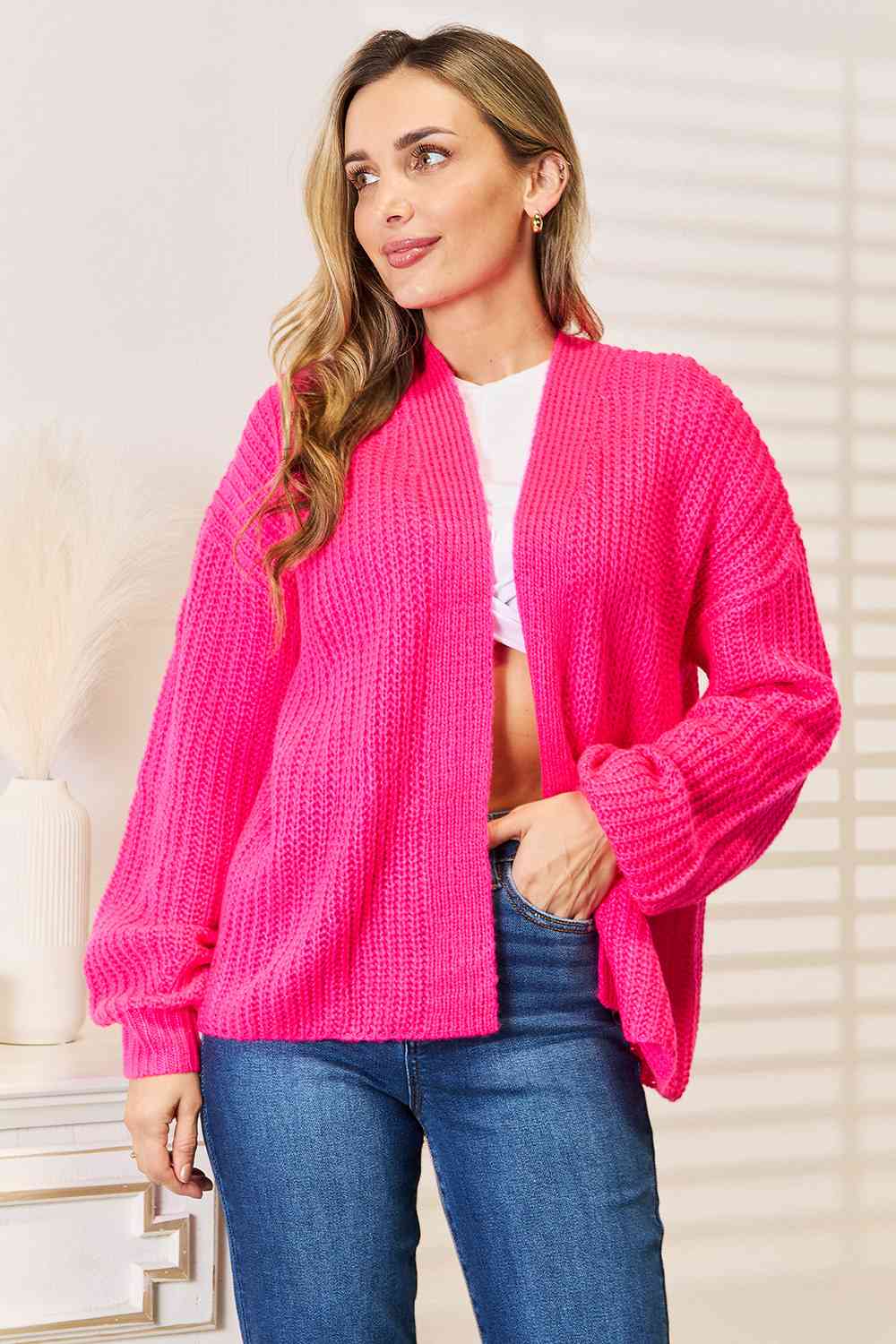 Woven Right Rib-Knit Open Front Drop Shoulder Cardigan-0
