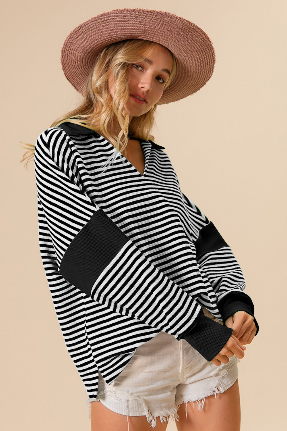 BiBi Striped Contrast Long Sleeve Knit Top-1
