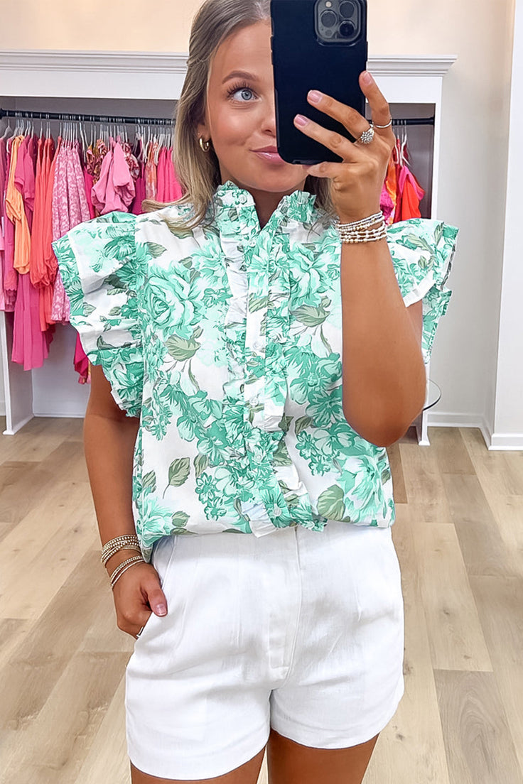 Green Floral Print Ruffle Sleeve Frill Shirt