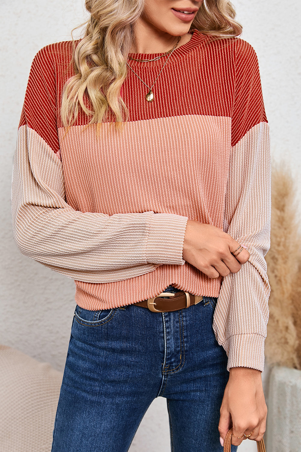 Red Color Block Ribbed Loose Long Sleeve Top