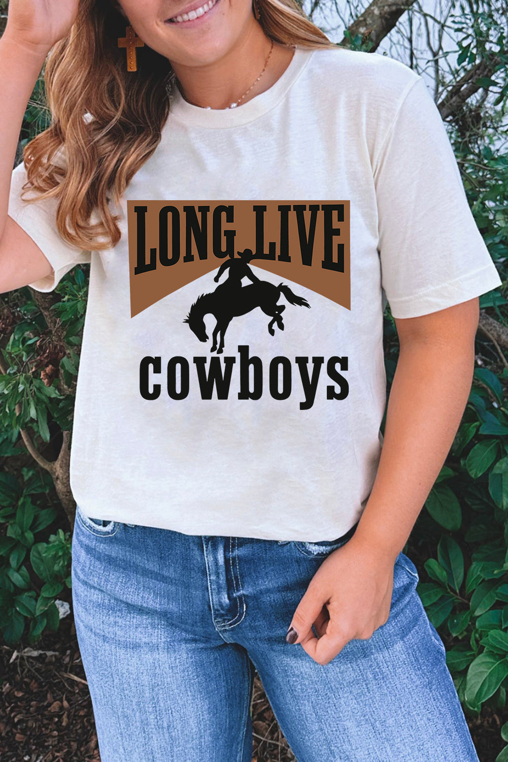White LONG LIVE Cowboys Western Graphic Loose Tee