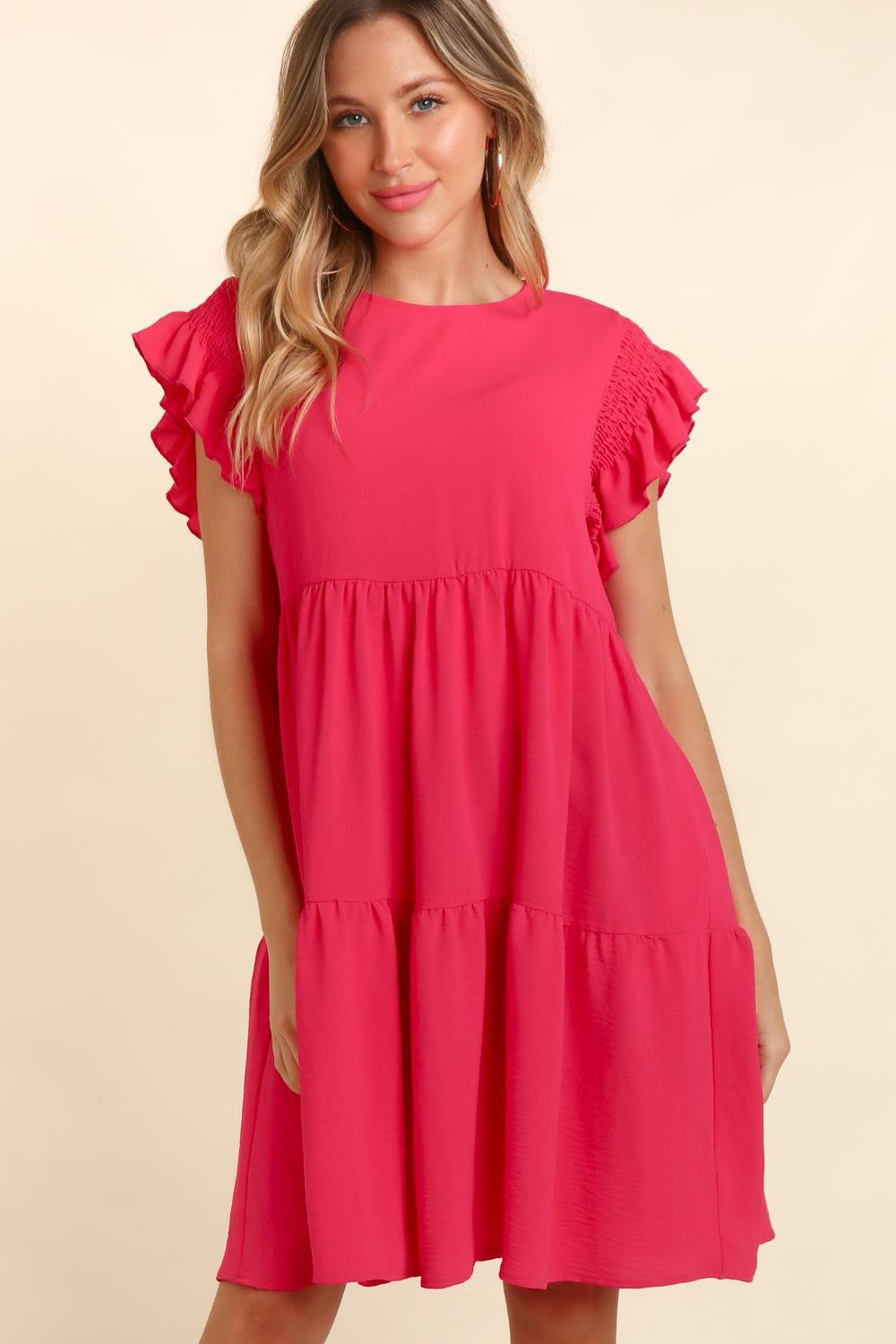 Haptics Full Size Smocking Ruffle Short Sleeve Dress with Pockets-1