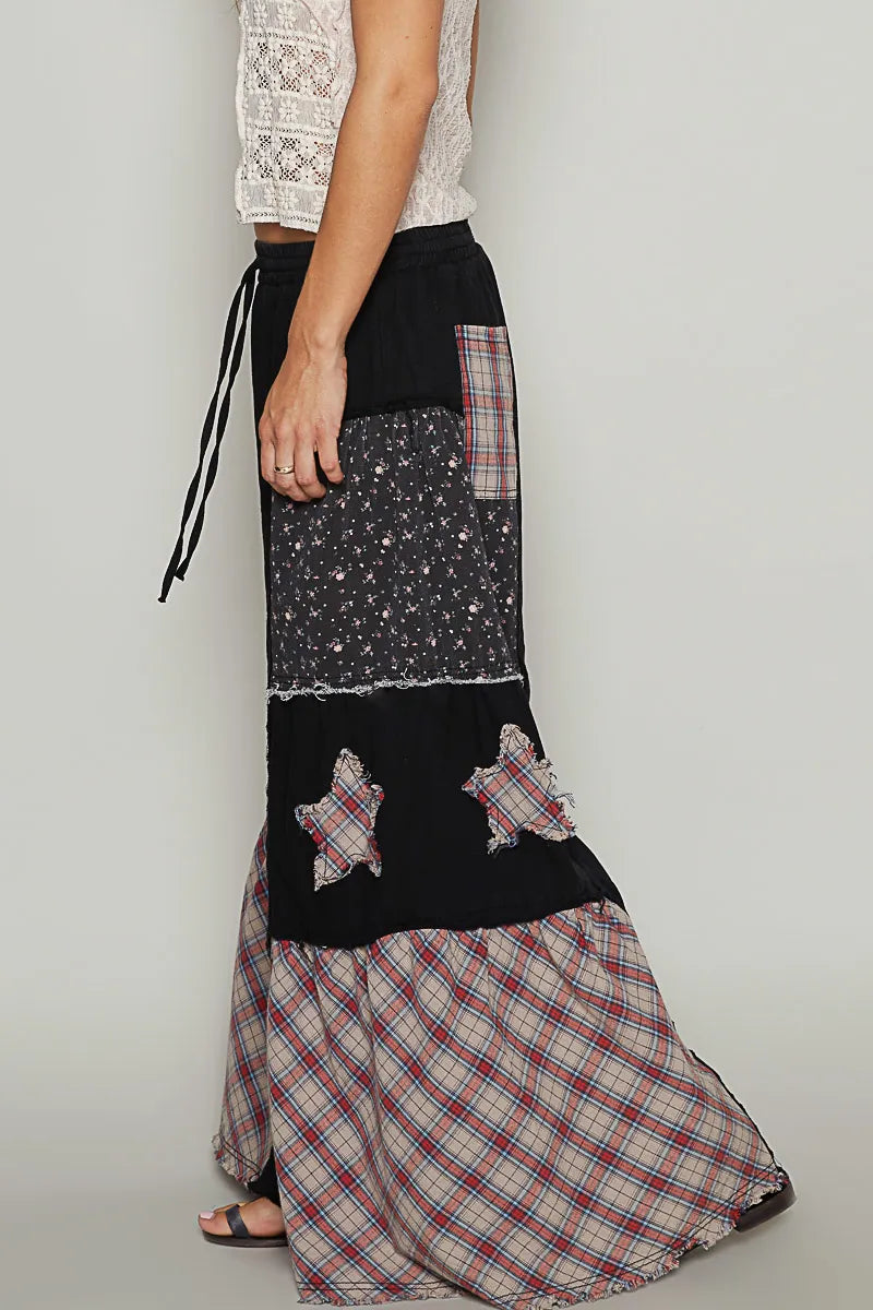 Drawstring Star Patch Contrast Wide Leg Pants