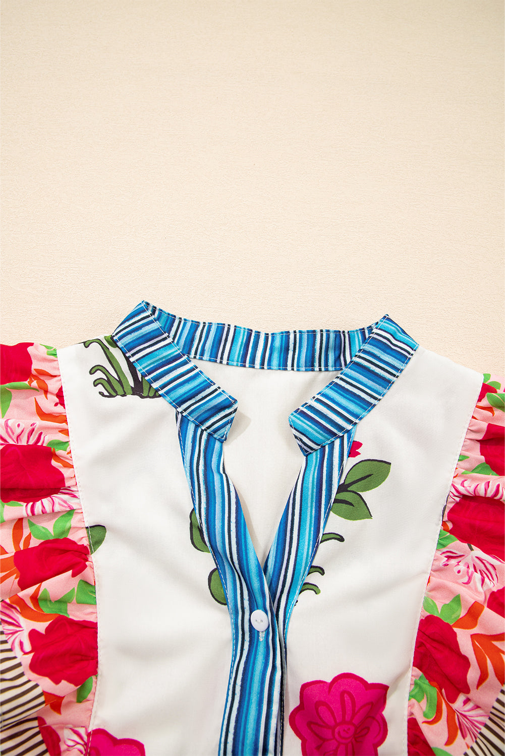 Pink Floral Print Striped Patchwork Flutter Sleeve Blouse