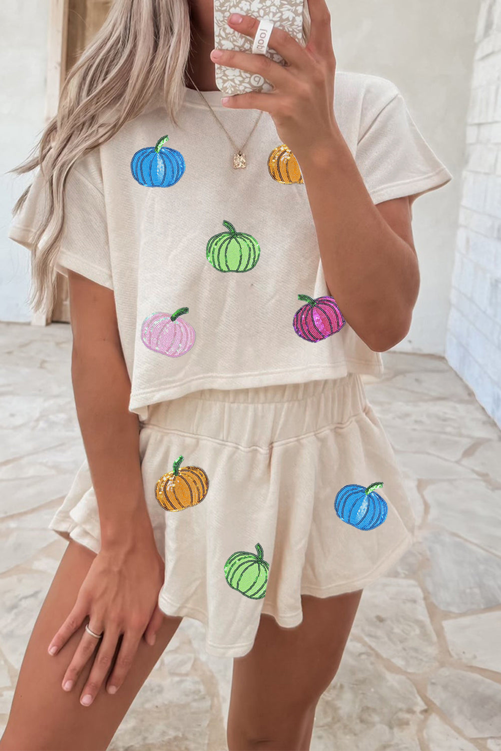 Beige Sequin Pumpkin Cropped Tee Loose 2pcs Skort Set