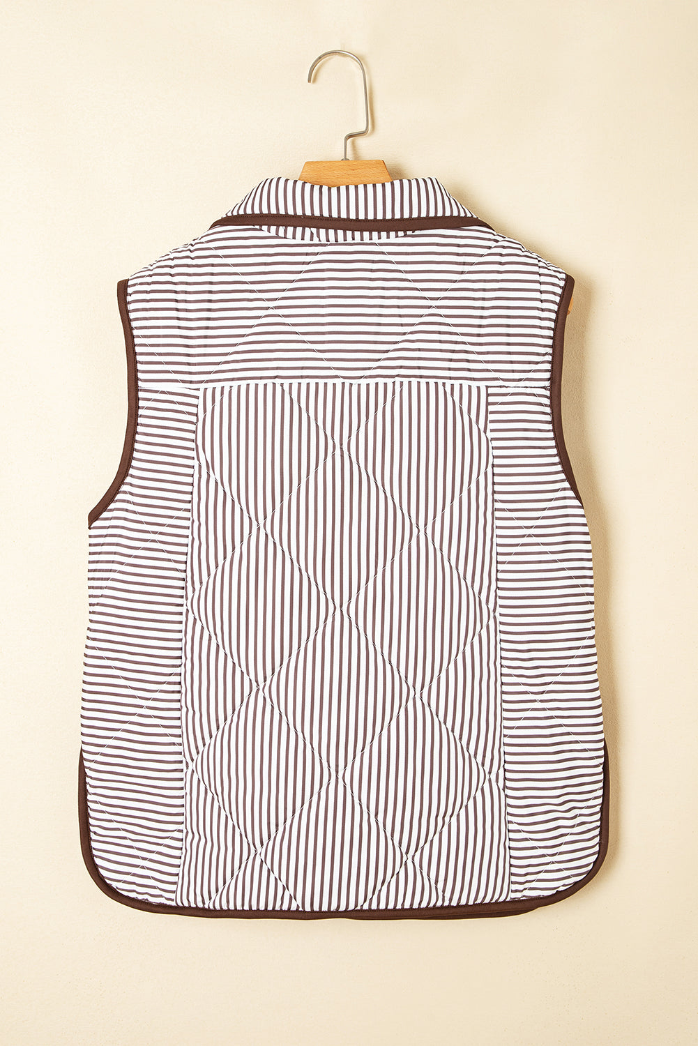 Brown Striped Snap Button Scalloped Hem Winter Vest
