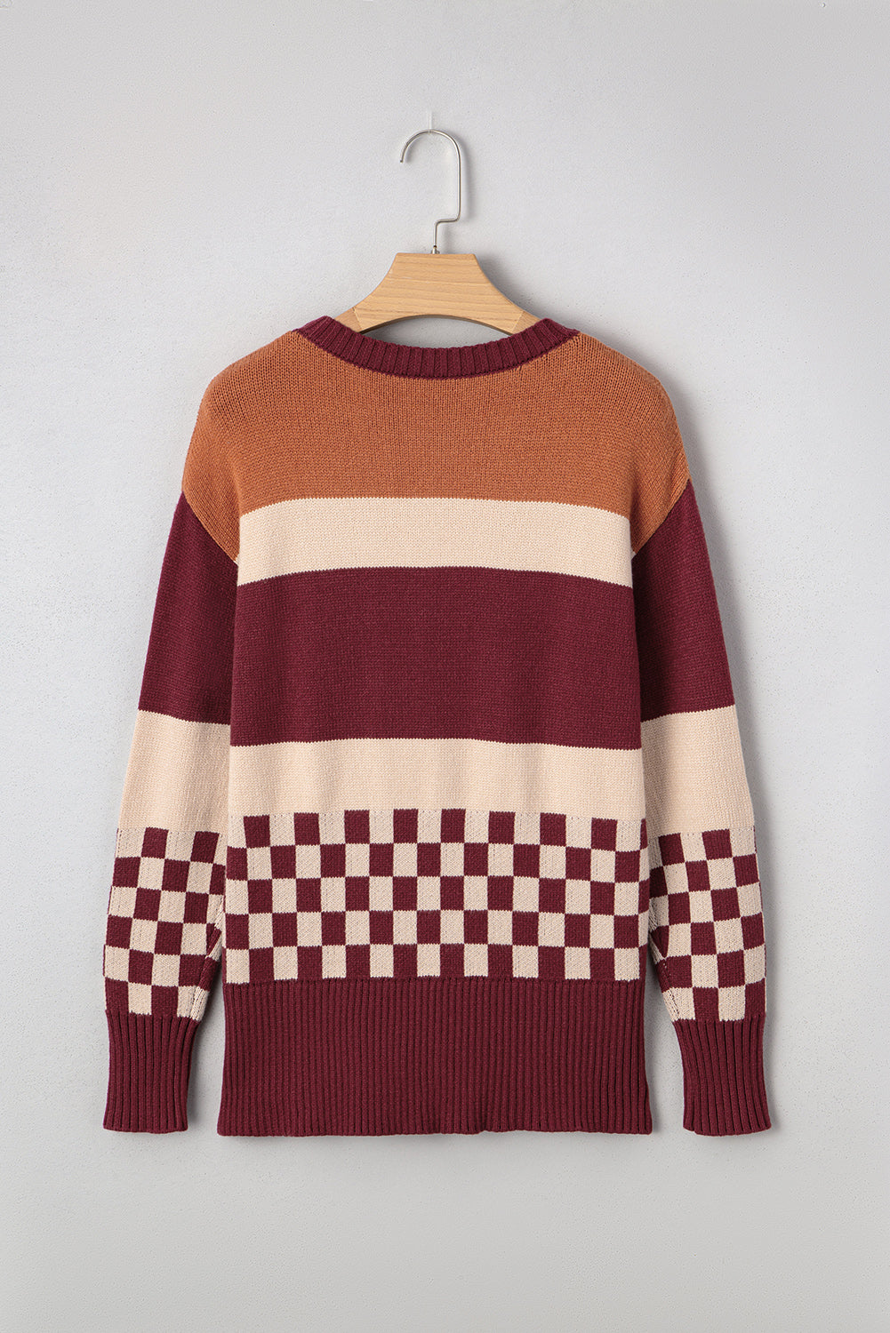 Brown Checkered Colorblock Knitted Drop Shoulder Sweater